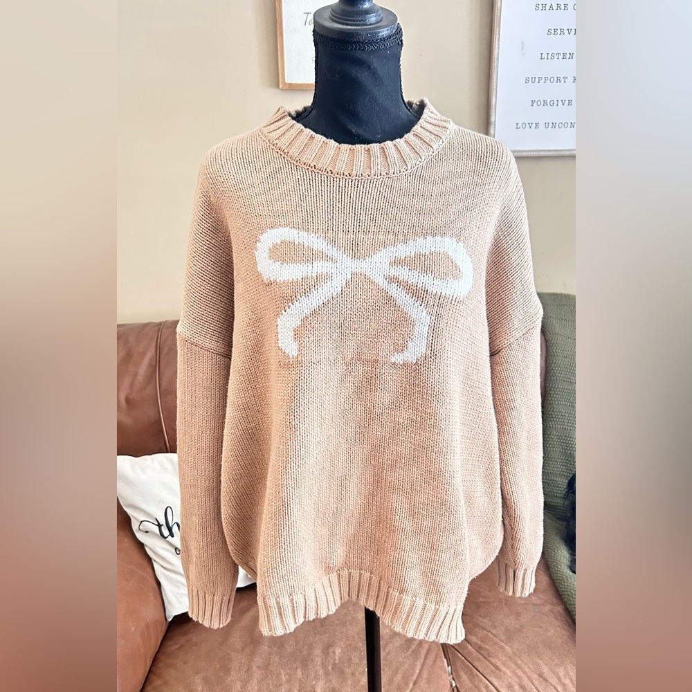 Sincerely Jules Tan Sweater with White Bow